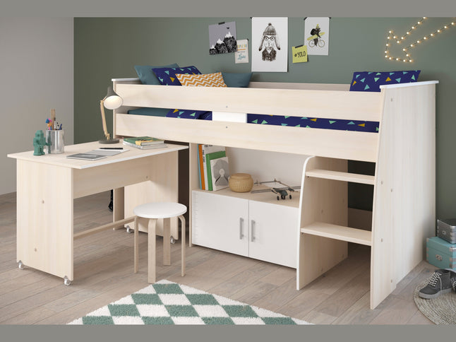 Parisot Hochbett Charly 4 – mit integriertem Schreibtisch und Kommode, Akazie/Weiß Melamin, Kinderzimmer
