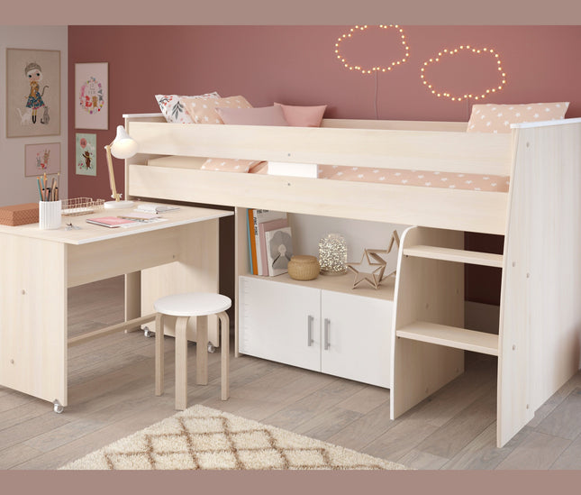 Parisot Hochbett Charly 4 – mit integriertem Schreibtisch und Kommode, Akazie/Weiß Melamin, Kinderzimmer
