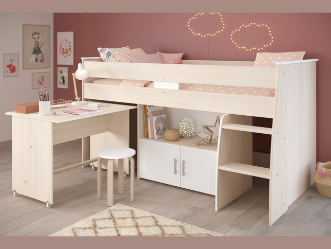 Parisot Hochbett Charly 4 – mit integriertem Schreibtisch und Kommode, Akazie/Weiß Melamin, Kinderzimmer