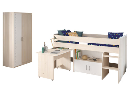 Parisot Jugendzimmer-Set Charly 5 - Set 2-teilig – Hochbett & Kleiderschrank in Weiß/Akazie