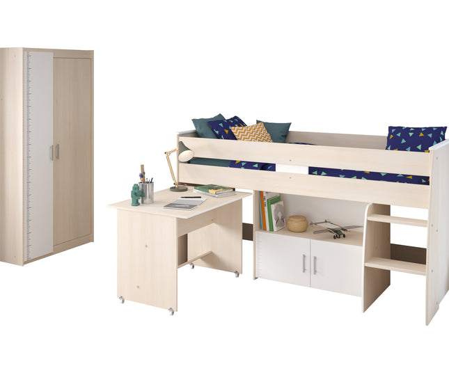Parisot Jugendzimmer-Set Charly 5 - Set 2-teilig – Hochbett & Kleiderschrank in Weiß/Akazie