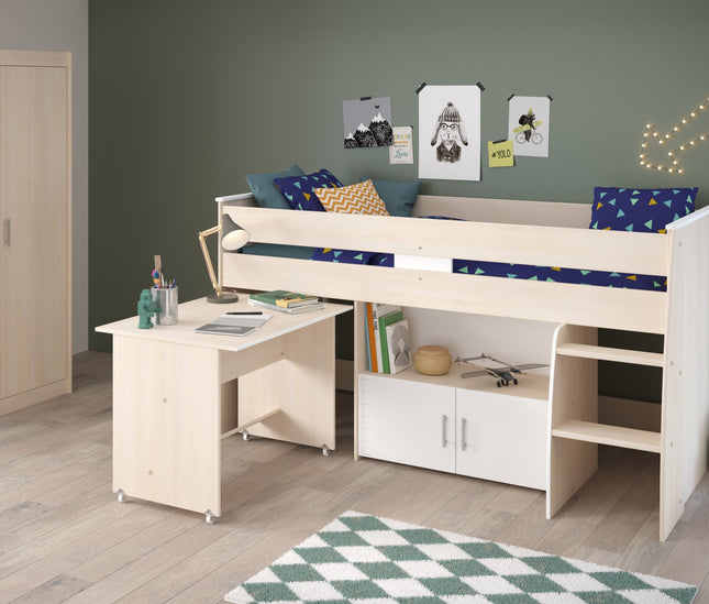 Parisot Jugendzimmer-Set Charly 5 - Set 2-teilig – Hochbett & Kleiderschrank in Weiß/Akazie