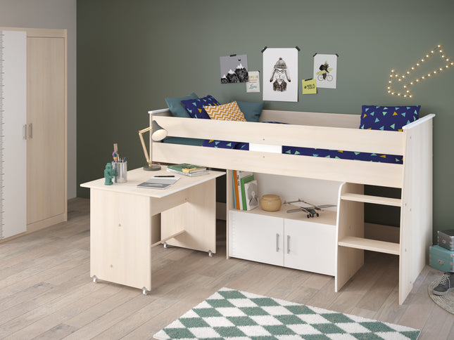 Parisot Jugendzimmer-Set Charly 5 - Set 2-teilig – Hochbett & Kleiderschrank in Weiß/Akazie