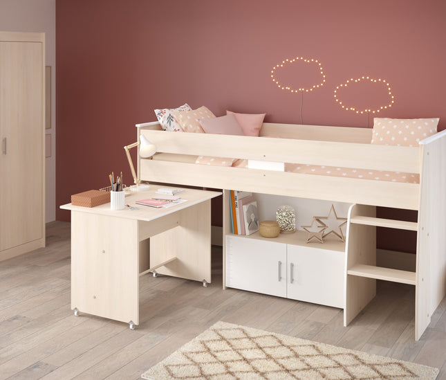 Parisot Jugendzimmer-Set Charly 5 - Set 2-teilig – Hochbett & Kleiderschrank in Weiß/Akazie