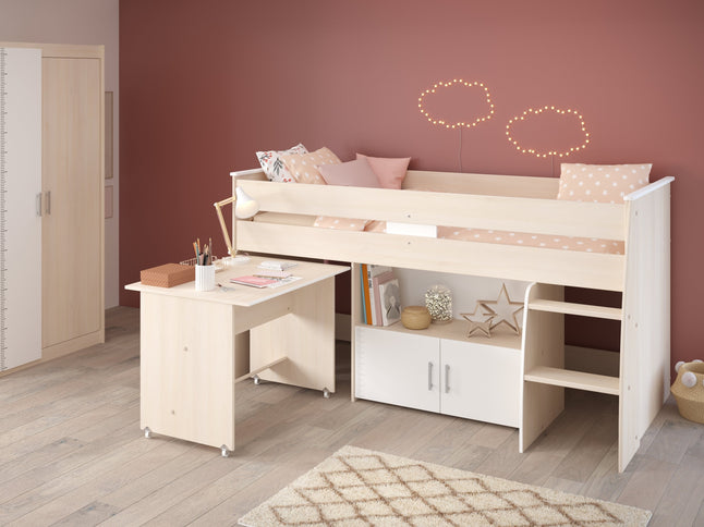 Parisot Jugendzimmer-Set Charly 5 - Set 2-teilig – Hochbett & Kleiderschrank in Weiß/Akazie