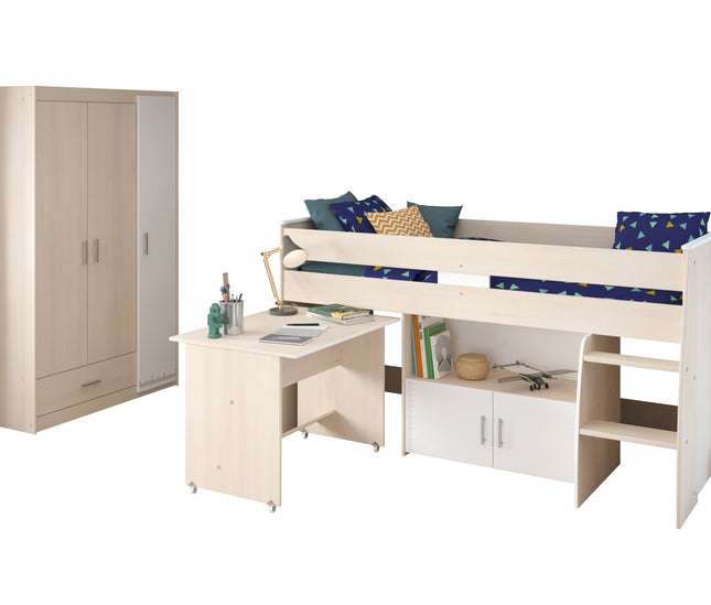 Parisot Jugendzimmer-Set Charly 6 - Set 2-teilig – Hochbett & 3-türiger Kleiderschrank in Weiß/Akazie
