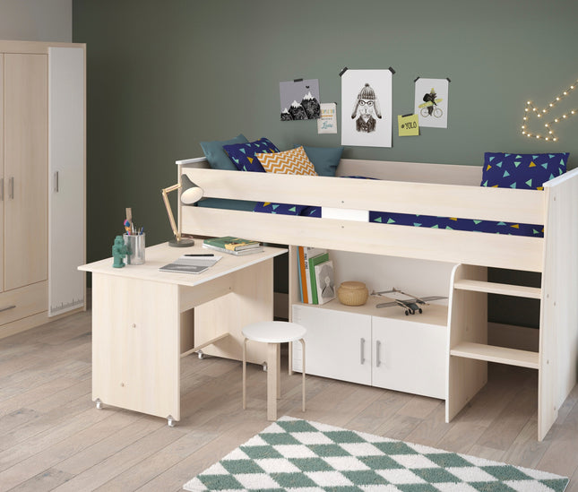 Parisot Jugendzimmer-Set Charly 6 - Set 2-teilig – Hochbett & 3-türiger Kleiderschrank in Weiß/Akazie