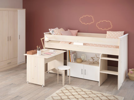 Parisot Jugendzimmer-Set Charly 6 - Set 2-teilig – Hochbett & 3-türiger Kleiderschrank in Weiß/Akazie