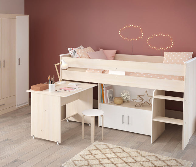 Parisot Jugendzimmer-Set Charly 6 - Set 2-teilig – Hochbett & 3-türiger Kleiderschrank in Weiß/Akazie