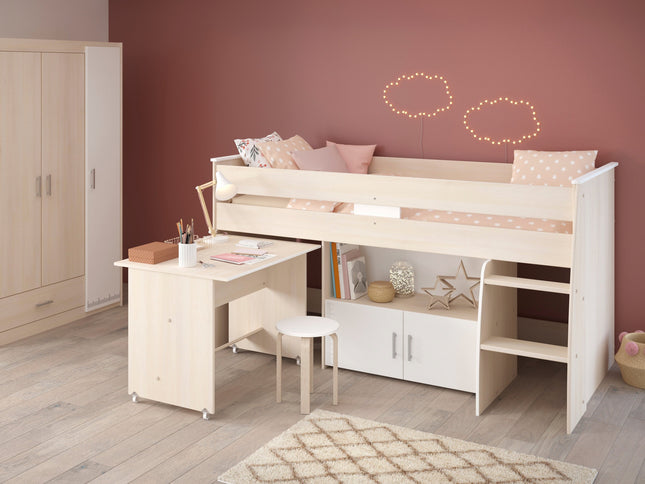 Parisot Jugendzimmer-Set Charly 6 - Set 2-teilig – Hochbett & 3-türiger Kleiderschrank in Weiß/Akazie