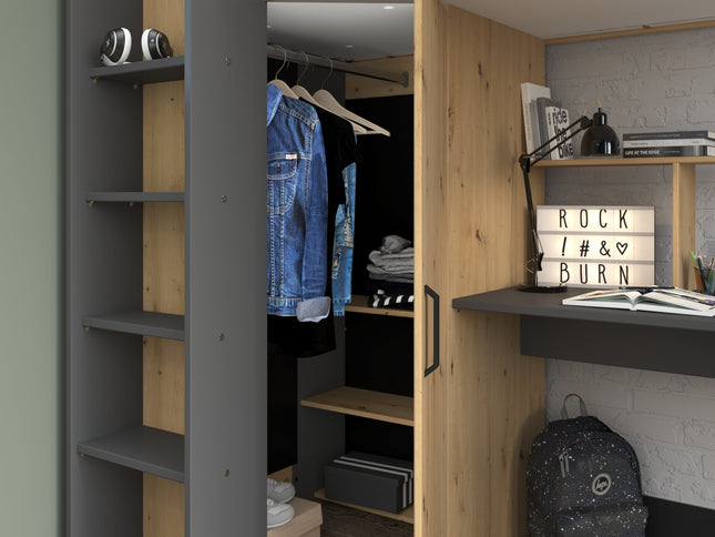 Parisot Hochbett HEAVY 1 – mit Schreibtisch & Kleiderschrank – 90x200 cm – Eiche Artisan/Schwarz