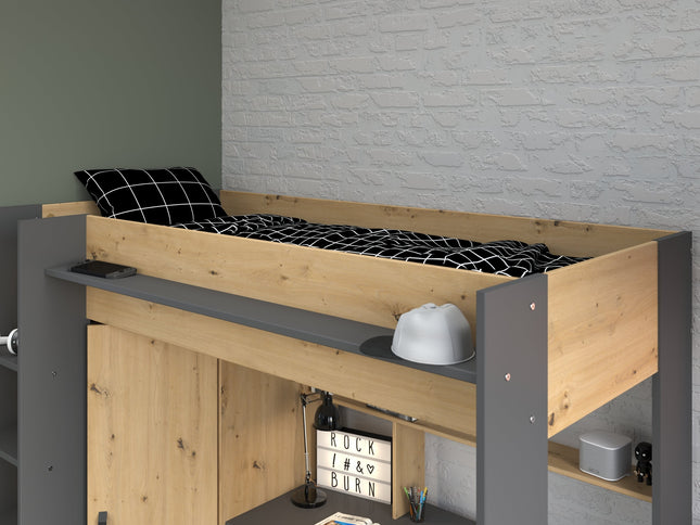 Parisot Hochbett HEAVY 1 – mit Schreibtisch & Kleiderschrank – 90x200 cm – Eiche Artisan/Schwarz