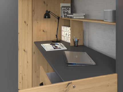 Parisot Hochbett HEAVY 1 – mit Schreibtisch & Kleiderschrank – 90x200 cm – Eiche Artisan/Schwarz