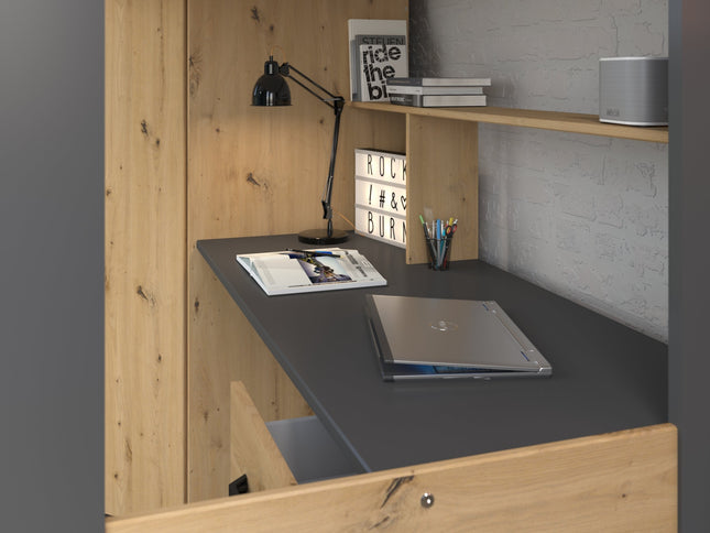 Parisot Hochbett HEAVY 1 – mit Schreibtisch & Kleiderschrank – 90x200 cm – Eiche Artisan/Schwarz