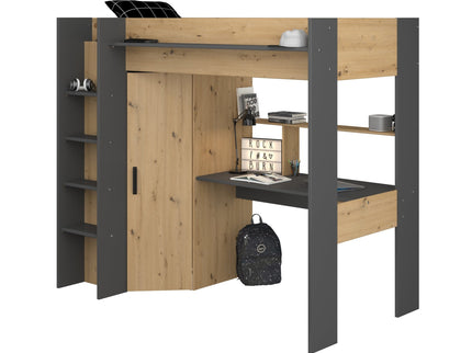 Parisot Hochbett HEAVY 1 – mit Schreibtisch & Kleiderschrank – 90x200 cm – Eiche Artisan/Schwarz