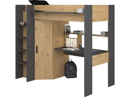 Parisot Hochbett HEAVY 1 – mit Schreibtisch & Kleiderschrank – 90x200 cm – Eiche Artisan/Schwarz