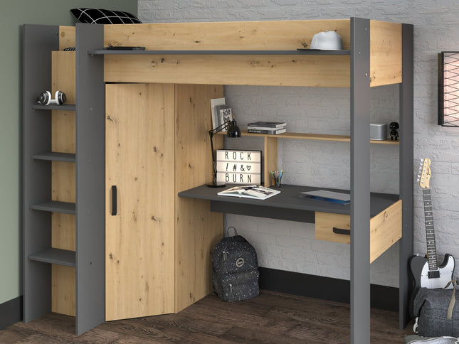 Parisot Hochbett HEAVY 1 – mit Schreibtisch & Kleiderschrank – 90x200 cm – Eiche Artisan/Schwarz