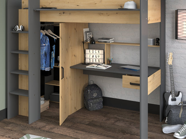 Parisot Hochbett HEAVY 1 – mit Schreibtisch & Kleiderschrank – 90x200 cm – Eiche Artisan/Schwarz