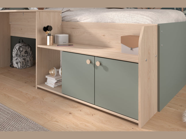 Parisot Jade1 - Hochbett mit integrierten Schreibtisch und Stauraum - 90x200 - Jackson Eiche und Seladon grün  #