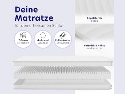7-Zonen Kaltschaummatratze 90 x 200 cm | 16 cm Dicke | Härtegrade H2 & H3 | Oeko-TEX®