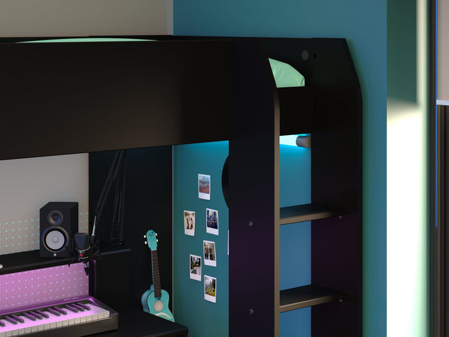 Parisot Gaming Hochbett inkl. RGB LED Beleuchtung - 90x200 - schwarz #