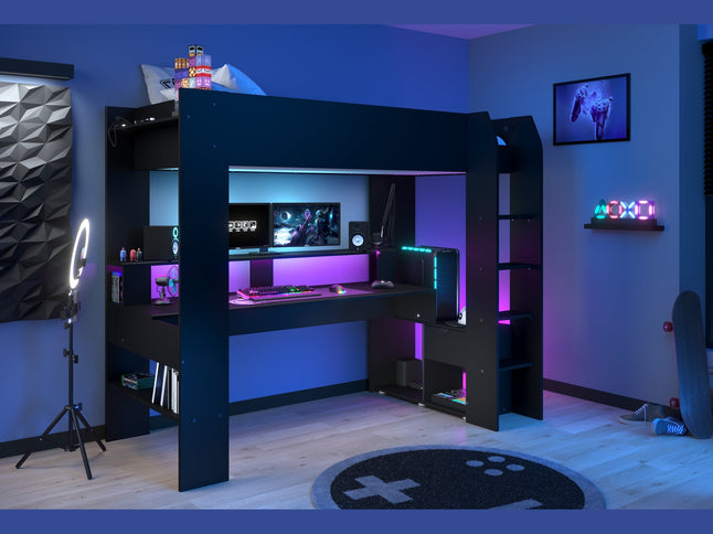 Parisot Gaming Hochbett inkl. RGB LED Beleuchtung - 90x200 - schwarz #