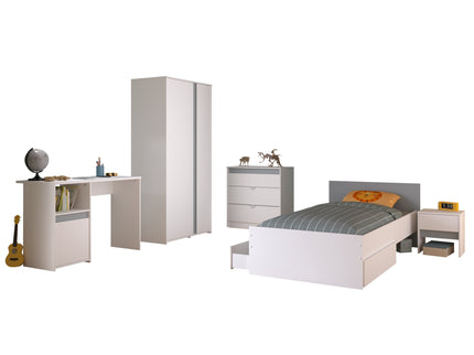 Parisot Kinderzimmer-Set Pirouette 21 – 6 tlg. Strauraumbett, Nako, Bettschubkasten, Kleiderschrank, Schreibtisch & Kommode in Weiß/Rosa oder Grau
