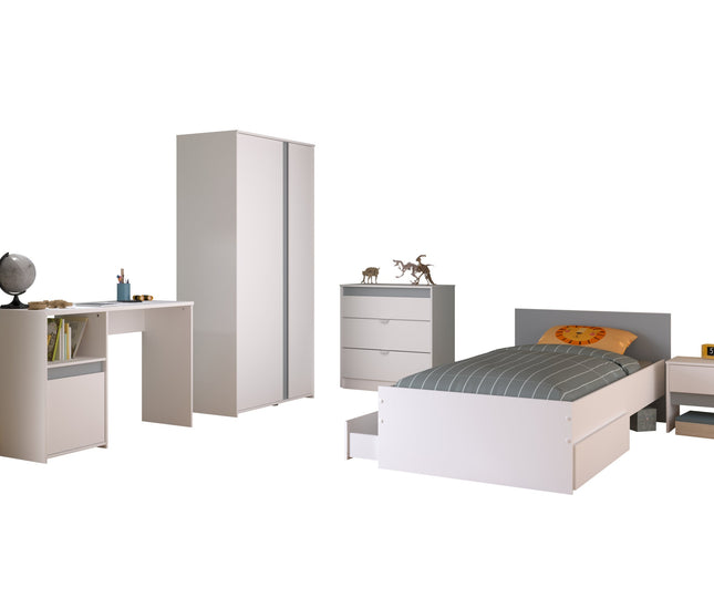 Parisot Kinderzimmer-Set Pirouette 21 – 6 tlg. Strauraumbett, Nako, Bettschubkasten, Kleiderschrank, Schreibtisch & Kommode in Weiß/Rosa oder Grau