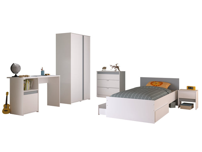 Parisot Kinderzimmer-Set Pirouette 21 – 6 tlg. Strauraumbett, Nako, Bettschubkasten, Kleiderschrank, Schreibtisch & Kommode in Weiß/Rosa oder Grau
