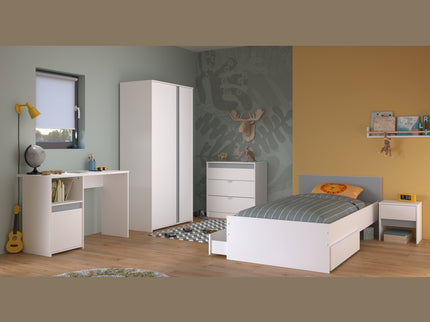 Parisot Kinderzimmer-Set Pirouette 21 – 6 tlg. Strauraumbett, Nako, Bettschubkasten, Kleiderschrank, Schreibtisch & Kommode in Weiß/Rosa oder Grau