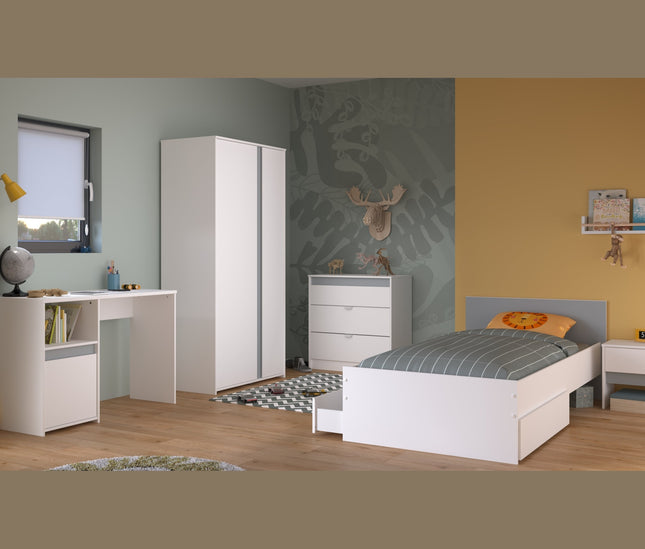 Parisot Kinderzimmer-Set Pirouette 21 – 6 tlg. Strauraumbett, Nako, Bettschubkasten, Kleiderschrank, Schreibtisch & Kommode in Weiß/Rosa oder Grau