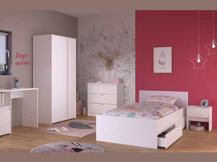 Parisot Kinderzimmer-Set Pirouette 21 – 6 tlg. Strauraumbett, Nako, Bettschubkasten, Kleiderschrank, Schreibtisch & Kommode in Weiß/Rosa oder Grau