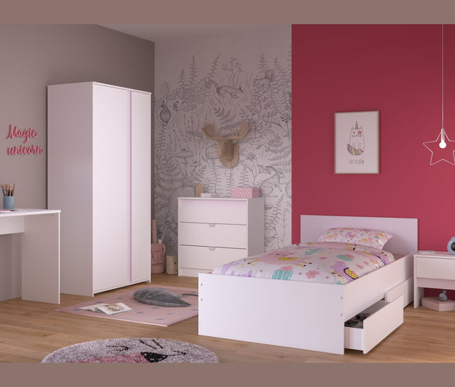 Parisot Kinderzimmer-Set Pirouette 21 – 6 tlg. Strauraumbett, Nako, Bettschubkasten, Kleiderschrank, Schreibtisch & Kommode in Weiß/Rosa oder Grau
