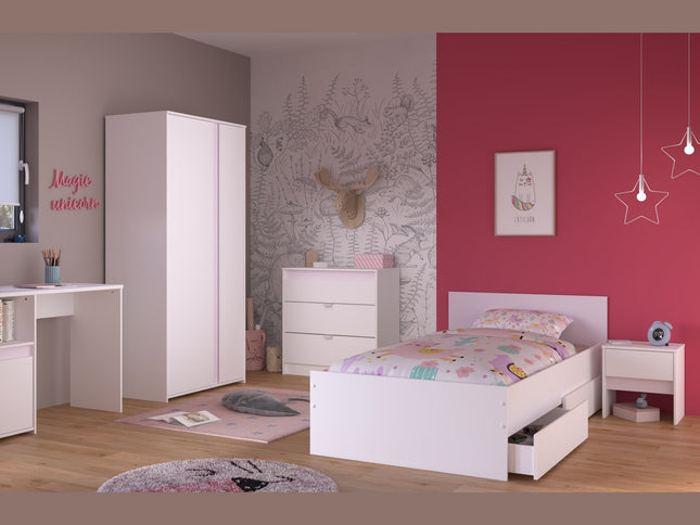Parisot Kinderzimmer-Set Pirouette 21 – 6 tlg. Strauraumbett, Nako, Bettschubkasten, Kleiderschrank, Schreibtisch & Kommode in Weiß/Rosa oder Grau