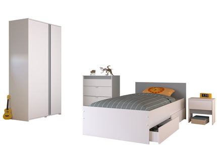 Parisot Kinderzimmer-Set Pirouette 22 – 5 tlg. Stauraumbett, Nako, Bettschubkasten, Kleiderschrank & Kommode in Weiß/Rosa oder Grau