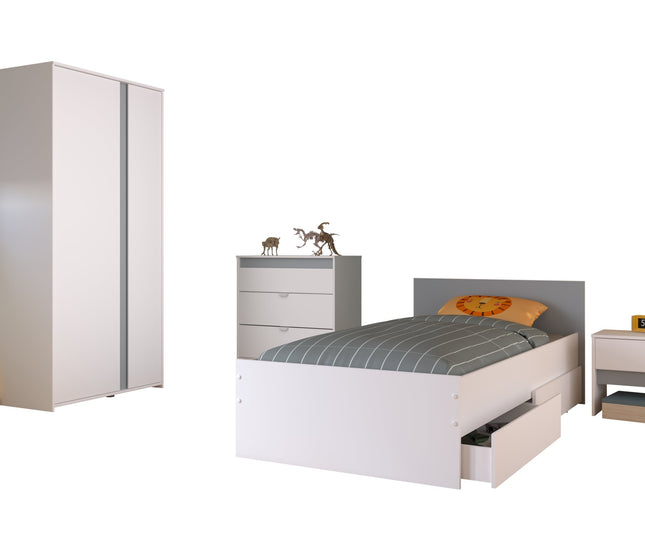 Parisot Kinderzimmer-Set Pirouette 22 – 5 tlg. Stauraumbett, Nako, Bettschubkasten, Kleiderschrank & Kommode in Weiß/Rosa oder Grau