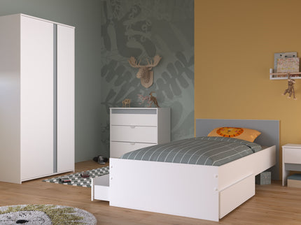 Parisot Kinderzimmer-Set Pirouette 22 – 5 tlg. Stauraumbett, Nako, Bettschubkasten, Kleiderschrank & Kommode in Weiß/Rosa oder Grau