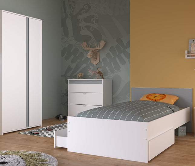 Parisot Kinderzimmer-Set Pirouette 22 – 5 tlg. Stauraumbett, Nako, Bettschubkasten, Kleiderschrank & Kommode in Weiß/Rosa oder Grau