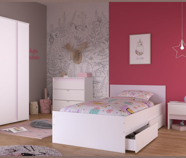 Parisot Kinderzimmer-Set Pirouette 22 – 5 tlg. Stauraumbett, Nako, Bettschubkasten, Kleiderschrank & Kommode in Weiß/Rosa oder Grau