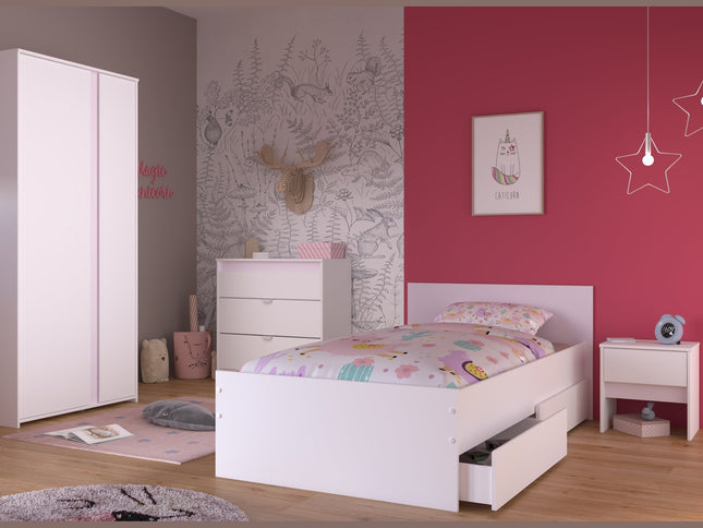 Parisot Kinderzimmer-Set Pirouette 22 – 5 tlg. Stauraumbett, Nako, Bettschubkasten, Kleiderschrank & Kommode in Weiß/Rosa oder Grau