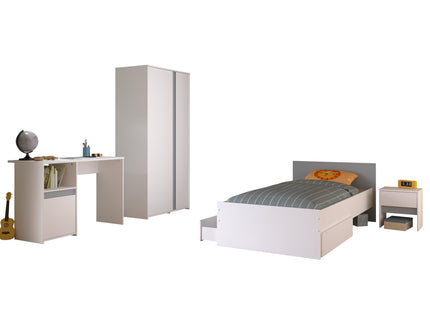 Parisot Kinderzimmer-Set Pirouette 23 – 5 tlg. Strauraumbett, Nako, Bettschubkasten, Kleiderschrank & Schreibtisch in Weiß/Rosa oder Grau