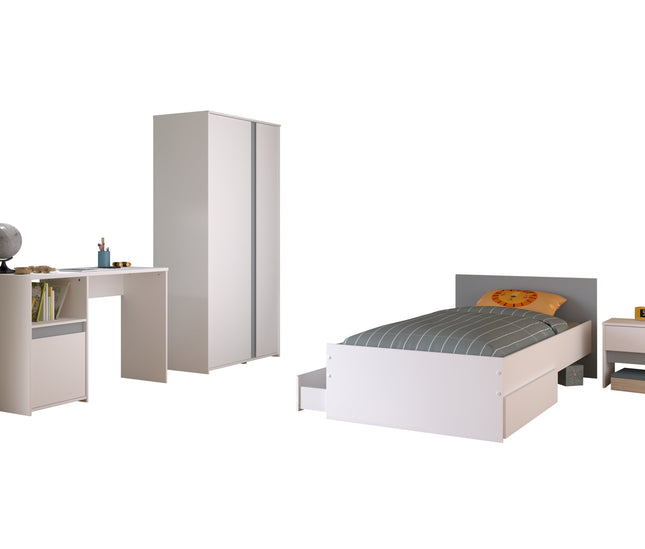 Parisot Kinderzimmer-Set Pirouette 23 – 5 tlg. Strauraumbett, Nako, Bettschubkasten, Kleiderschrank & Schreibtisch in Weiß/Rosa oder Grau