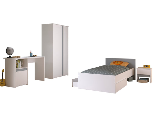 Parisot Kinderzimmer-Set Pirouette 23 – 5 tlg. Strauraumbett, Nako, Bettschubkasten, Kleiderschrank & Schreibtisch in Weiß/Rosa oder Grau