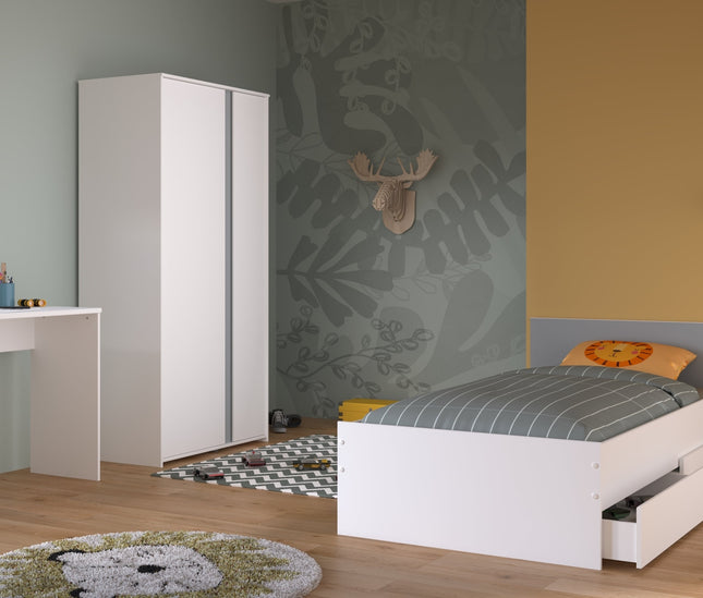 Parisot Kinderzimmer-Set Pirouette 23 – 5 tlg. Strauraumbett, Nako, Bettschubkasten, Kleiderschrank & Schreibtisch in Weiß/Rosa oder Grau