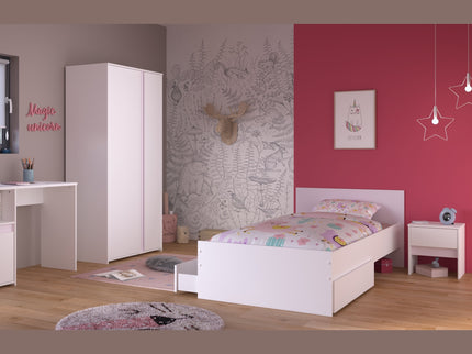 Parisot Kinderzimmer-Set Pirouette 23 – 5 tlg. Strauraumbett, Nako, Bettschubkasten, Kleiderschrank & Schreibtisch in Weiß/Rosa oder Grau