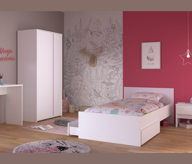 Parisot Kinderzimmer-Set Pirouette 23 – 5 tlg. Strauraumbett, Nako, Bettschubkasten, Kleiderschrank & Schreibtisch in Weiß/Rosa oder Grau