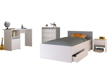 Parisot Kinderzimmer-Set Pirouette 25 – 5 tlg. Stauraumbett, Nako, Bettschubkasten, Kommode & Schreibtisch in Weiß/Rosa oder Grau