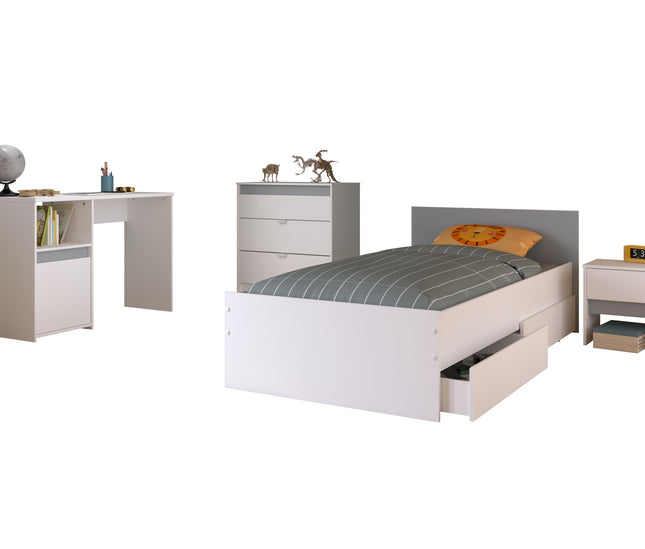 Parisot Kinderzimmer-Set Pirouette 25 – 5 tlg. Stauraumbett, Nako, Bettschubkasten, Kommode & Schreibtisch in Weiß/Rosa oder Grau