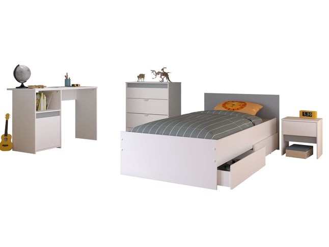 Parisot Kinderzimmer-Set Pirouette 25 – 5 tlg. Stauraumbett, Nako, Bettschubkasten, Kommode & Schreibtisch in Weiß/Rosa oder Grau