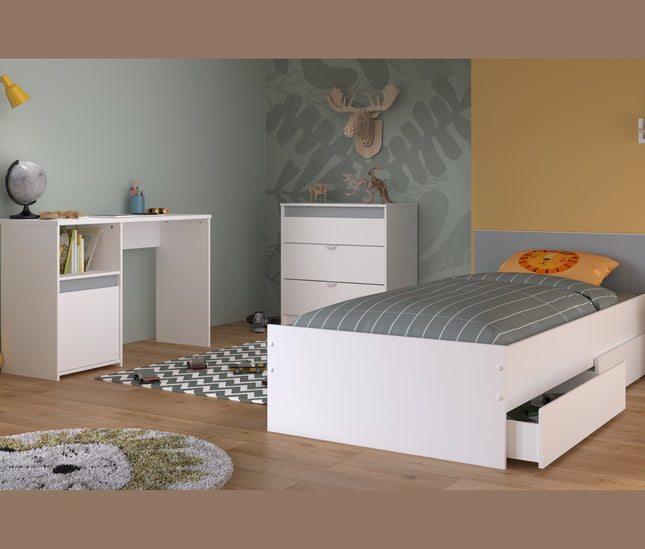 Parisot Kinderzimmer-Set Pirouette 25 – 5 tlg. Stauraumbett, Nako, Bettschubkasten, Kommode & Schreibtisch in Weiß/Rosa oder Grau